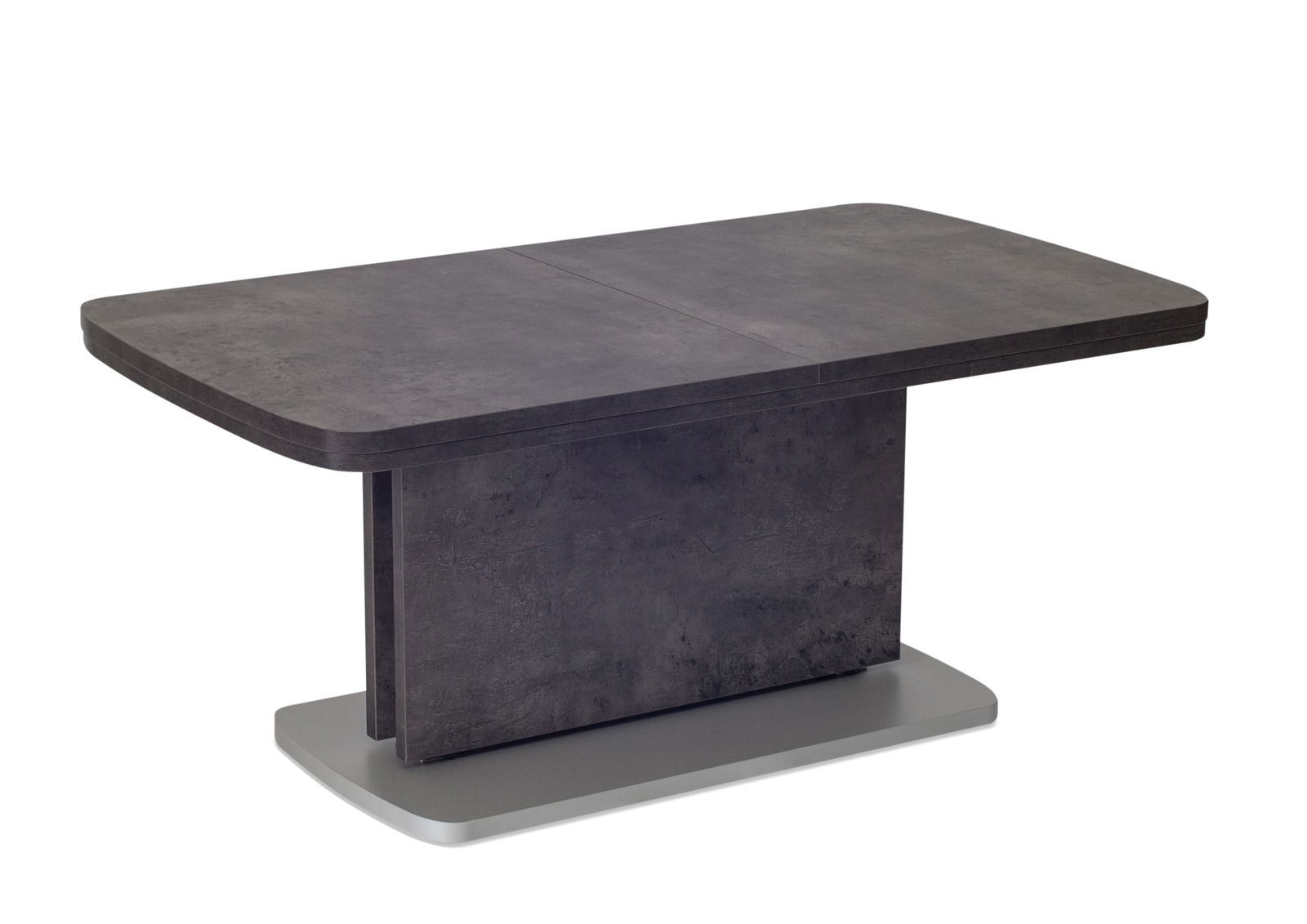 Moderner Couchtisch in dunkler Betonoptik mit rechteckiger Tischplatte und stabiler Mittelsäule, seitliche Perspektive.