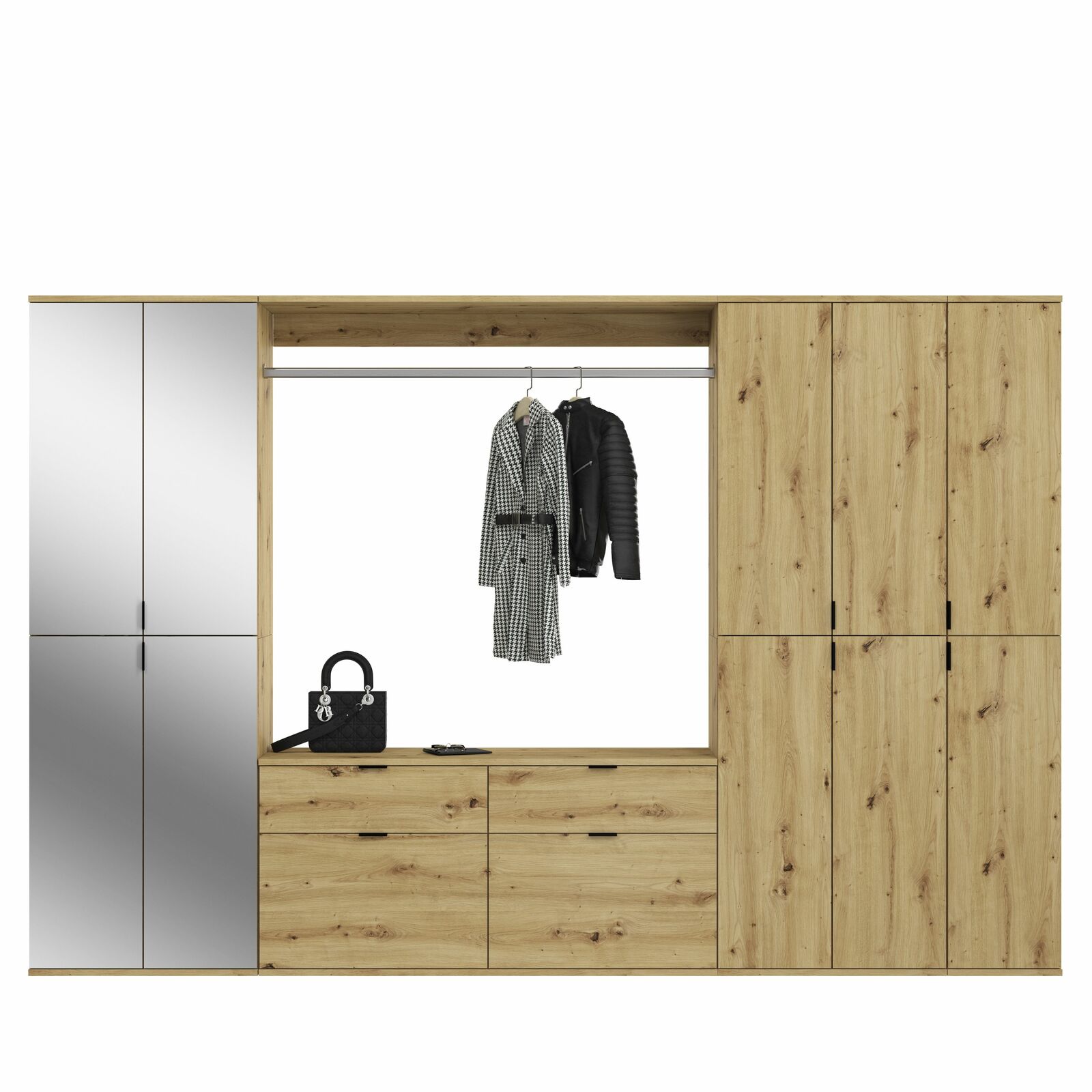 Frontale Ansicht einer Garderobenkombination aus Holz mit Spiegel, Kleiderstange und mehreren Schränken.