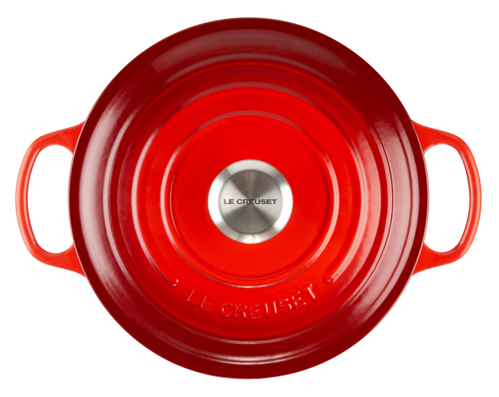 Roter runder Bräter von oben mit zwei Griffen und Edelstahlknauf, Marke Le Creuset