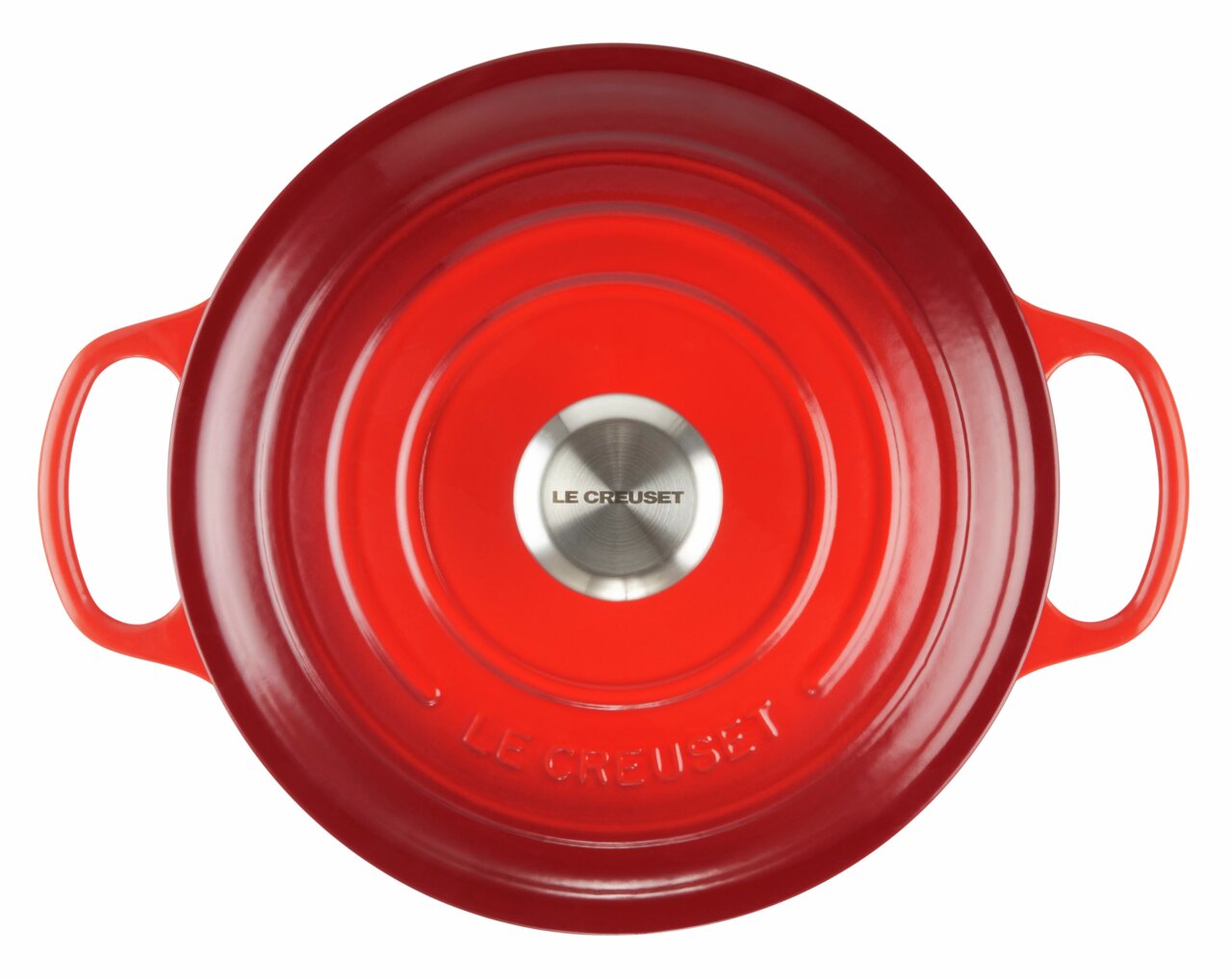 Roter runder Bräter von oben mit zwei Griffen und Edelstahlknauf, Marke Le Creuset