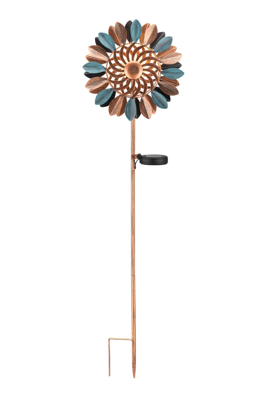 Zonne-lamp in de vorm van een decoratieve windmolen met kleurrijke wieken, zijaanzicht