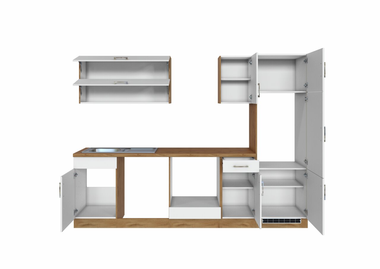 Küchenzeile SORRENTO in Holzoptik mit weißen Fronten, offene Schränke und Schubladen, Ansicht von vorne