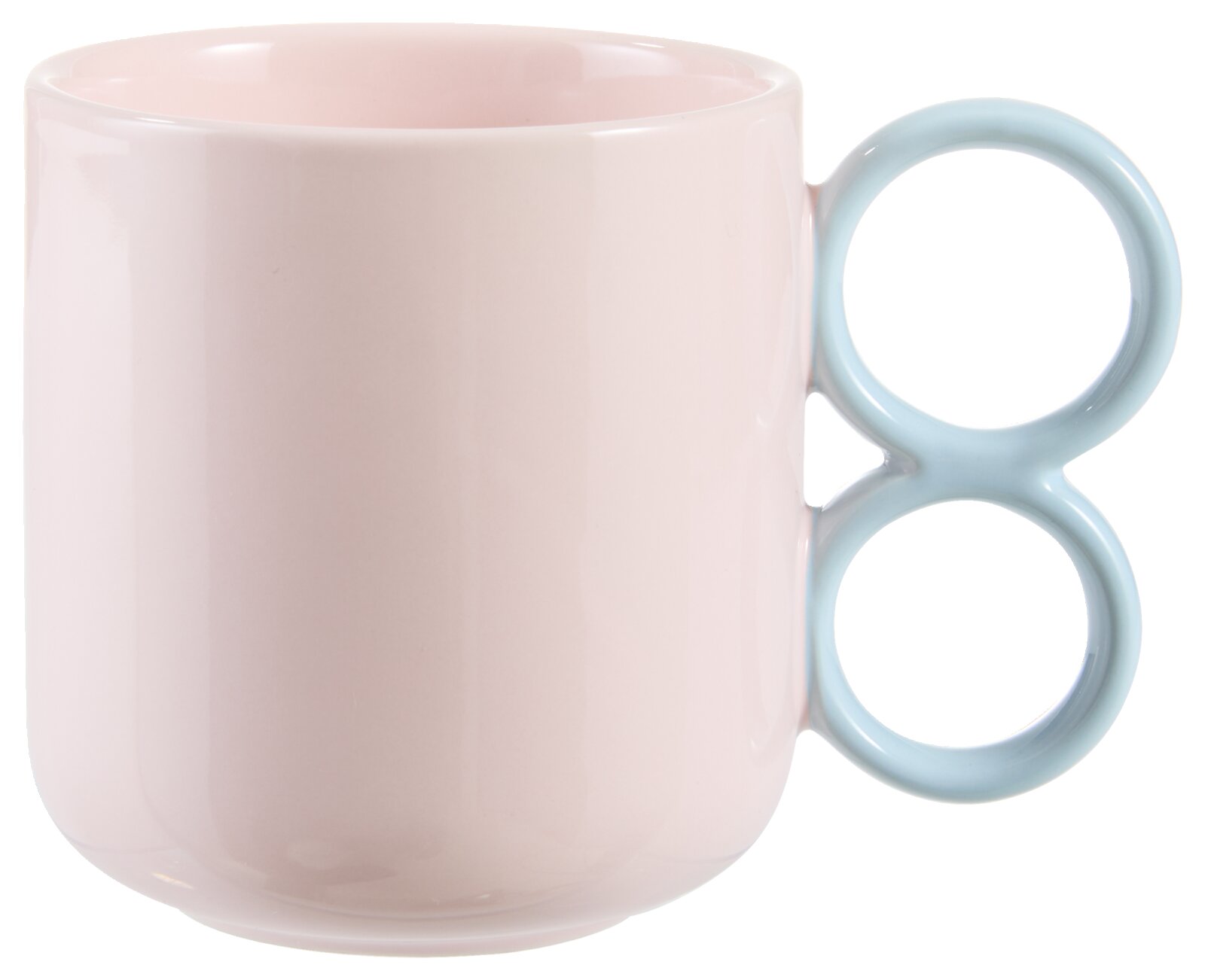 Roze koffiemok met een uniek dubbel oor in lichtblauw, zijaanzicht