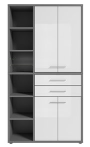 Moderner Aktenschrank in Frontalansicht mit grauem Korpus, weißen Türen und Schubladen, sowie offenen Regalfächern auf der linken Seite.