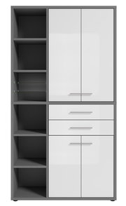 Moderner Aktenschrank in Frontalansicht mit grauem Korpus, weißen Türen und Schubladen, sowie offenen Regalfächern auf der linken Seite.