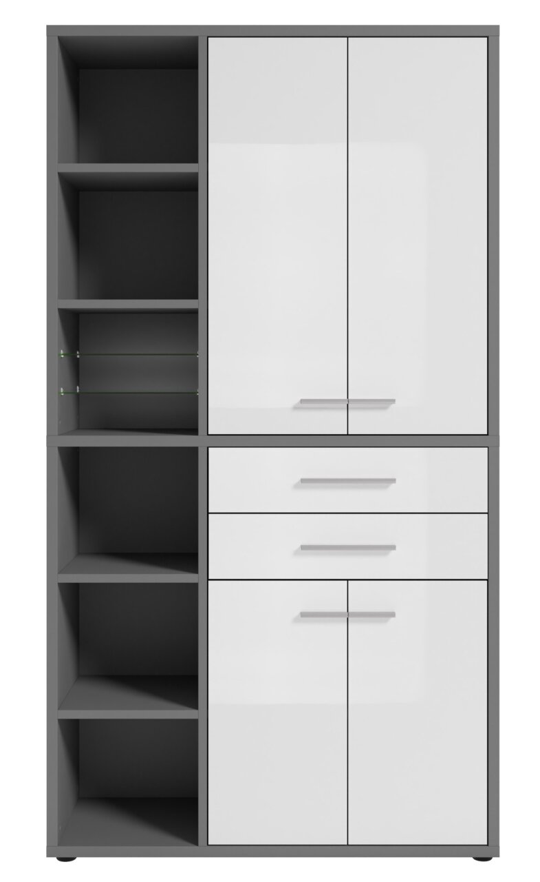 Moderner Aktenschrank in Frontalansicht mit grauem Korpus, weißen Türen und Schubladen, sowie offenen Regalfächern auf der linken Seite.