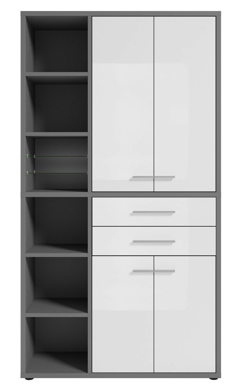 Moderner Aktenschrank in Frontalansicht mit grauem Korpus, weißen Türen und Schubladen, sowie offenen Regalfächern auf der linken Seite.