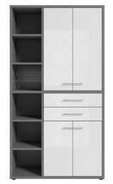 Moderner Aktenschrank in Frontalansicht mit grauem Korpus, weißen Türen und Schubladen, sowie offenen Regalfächern auf der linken Seite.