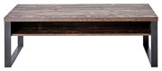Moderner Couchtisch aus Holz mit Metallbeinen, frontal fotografiert.