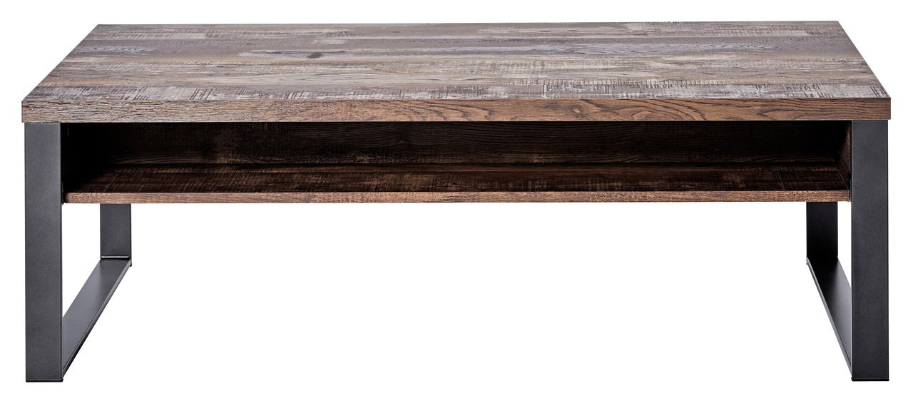 Moderner Couchtisch aus Holz mit Metallbeinen, frontal fotografiert.