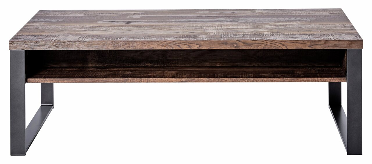 Moderne houten salontafel met metalen poten, van voren gefotografeerd.