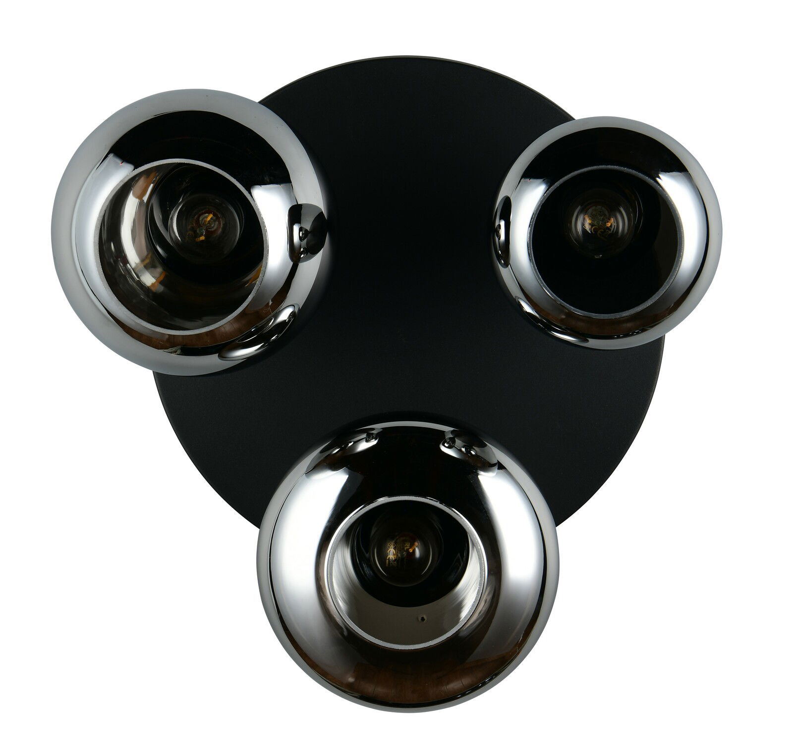 Moderne Deckenleuchte mit drei chromfarbenen Lampenschirmen, Ansicht von unten.