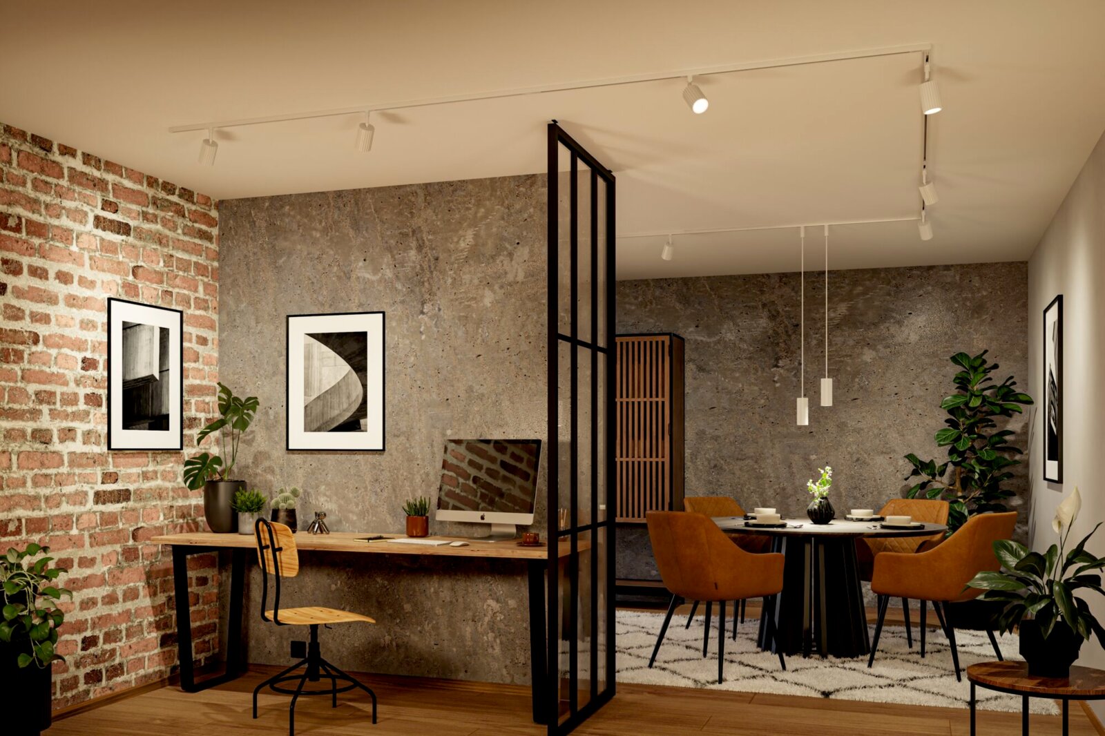 Moderne Loft-Interior mit weißer Schienenbeleuchtung an der Decke, schwarzer Glas-Raumteiler, Holz-Schreibtisch und Essbereich mit braunen Polsterstühlen Perspektive: Weitwinkelaufnahme aus leicht erhöhter Augenhöhe schräg in den Raum