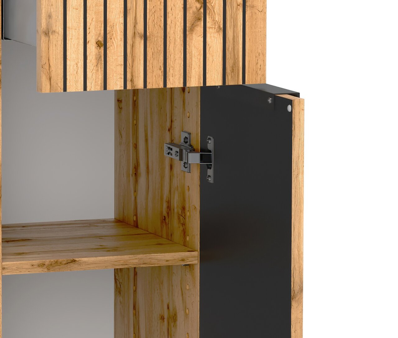Detailweergave van een onderkast met houtlook en een zwarte deur, waarbij het scharnier zichtbaar is.
