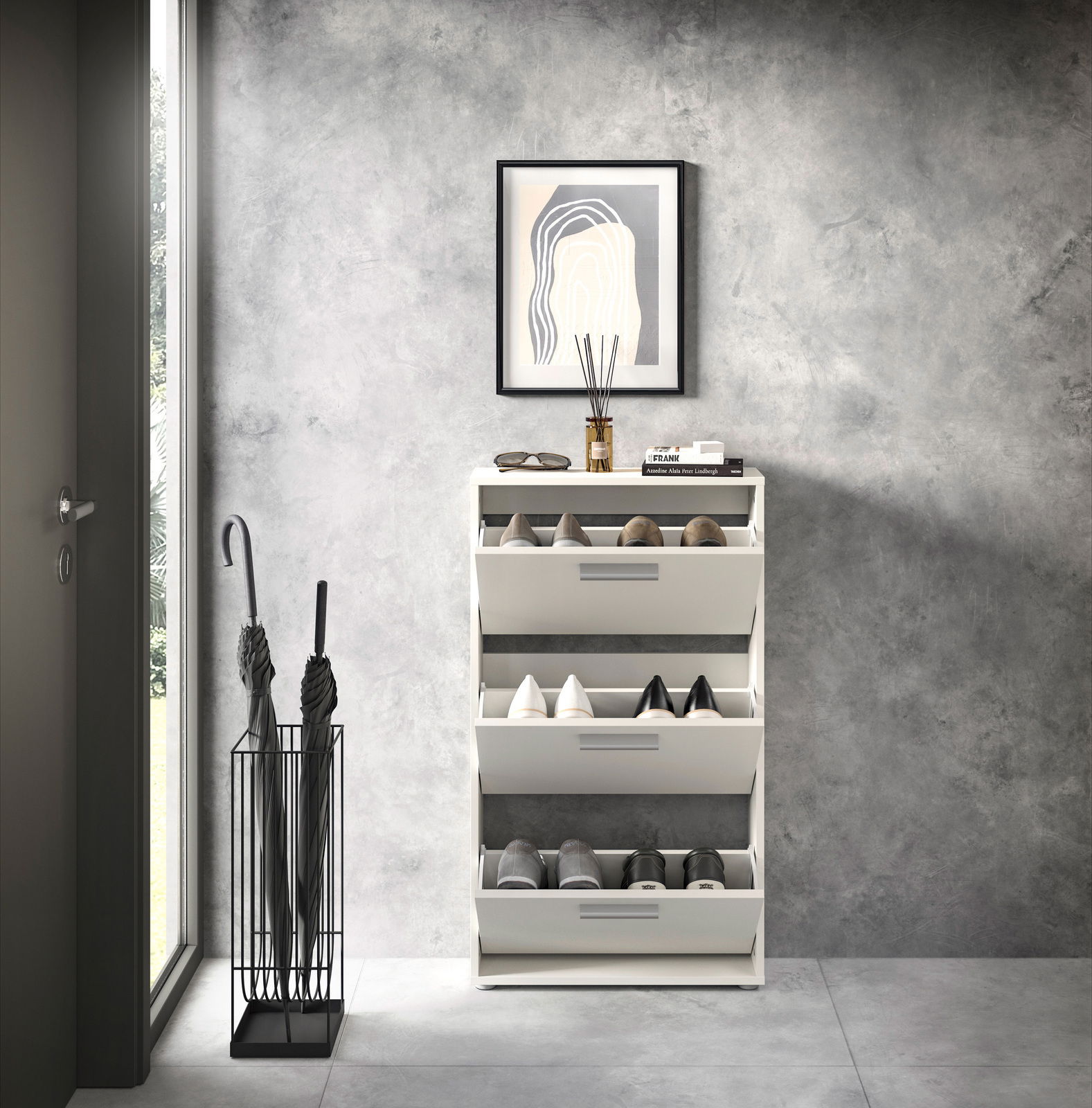 Moderner Schuhkipper mit drei Klappen, gefüllt mit Schuhen, in einem stilvollen Eingangsbereich, frontal betrachtet.