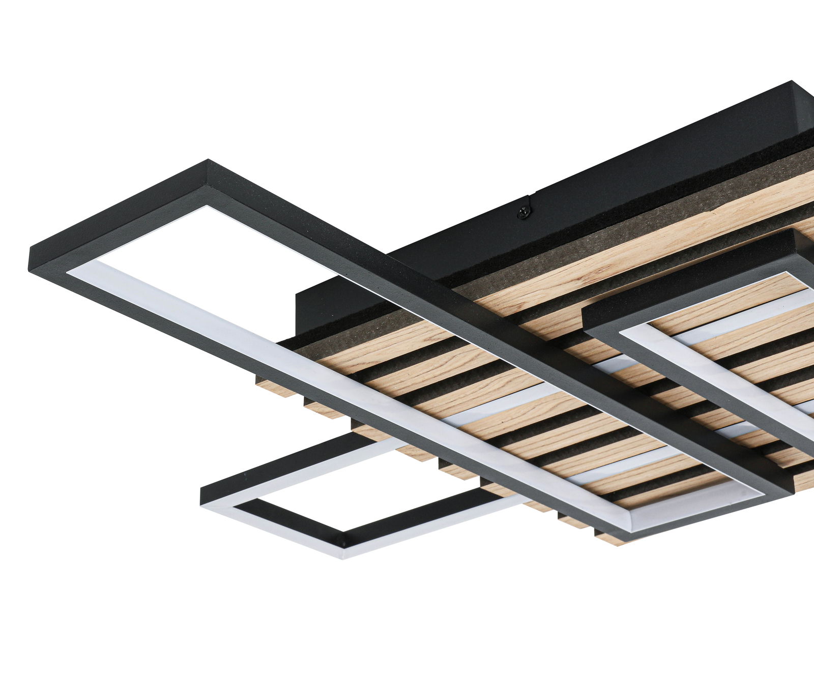 Moderne LED-Deckenleuchte mit rechteckigen Rahmen und Holzdetails, seitliche Perspektive