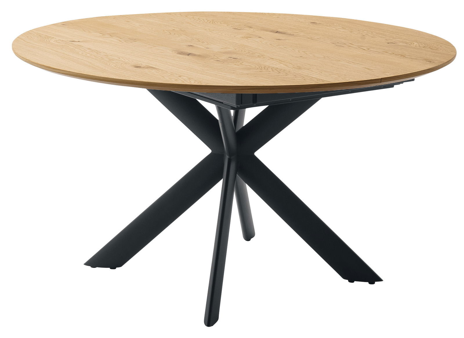Runder Esstisch mit heller Holzplatte und schwarzem, kreuzförmigem Metallgestell, seitliche Perspektive