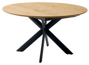 Runder Esstisch mit heller Holzplatte und schwarzem, kreuzförmigem Metallgestell, seitliche Perspektive