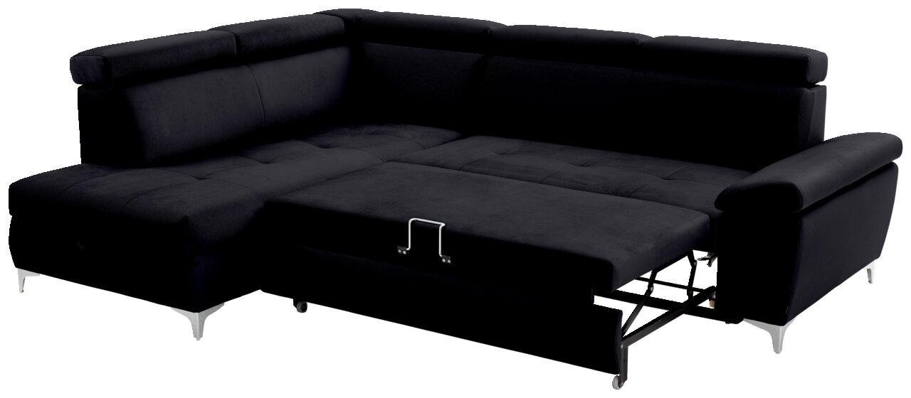 Schwarzes Ecksofa mit ausziehbarer Schlaffunktion, Perspektive von vorne rechts