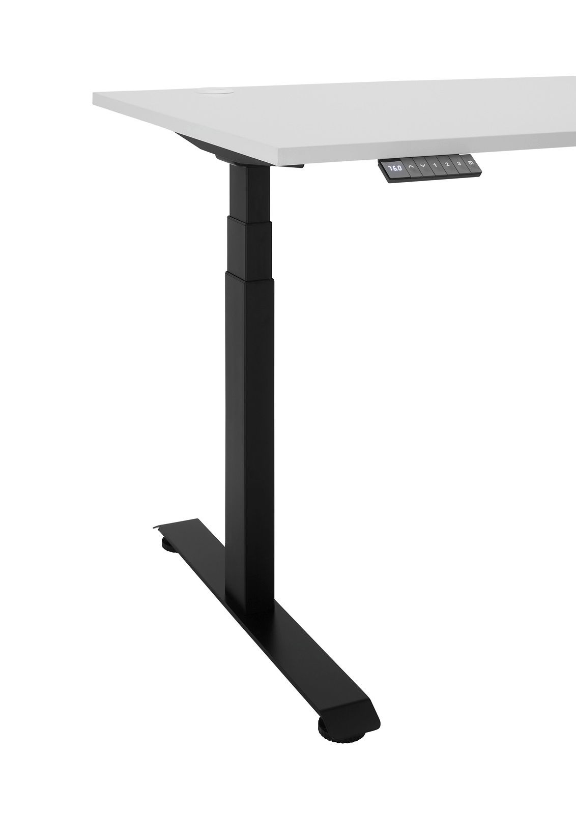 Höhenverstellbarer Eckschreibtisch mit schwarzem Gestell und weißer Tischplatte, seitliche Perspektive
