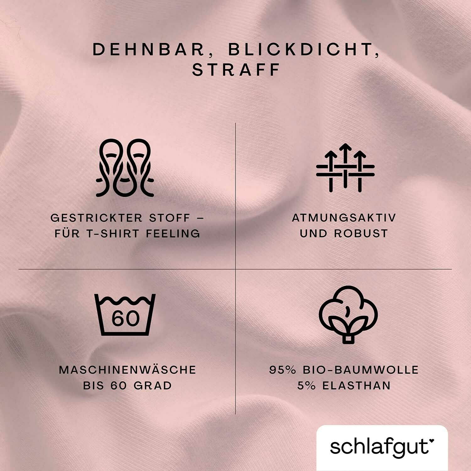 Spannbettlaken aus gestricktem Stoff mit T-Shirt Feeling, atmungsaktiv und robust, maschinenwaschbar bis 60 Grad, bestehend aus 95% Bio-Baumwolle und 5% Elasthan. Perspektive: Nahaufnahme der Materialstruktur.