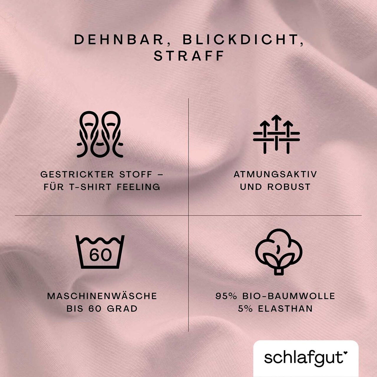 Hoeslaken van gebreide stof met een T-shirtgevoel, ademend en stevig, machinewasbaar tot 60 graden, samengesteld uit 95% biologisch katoen en 5% elastaan. Beeld: close-up van de materiaalstructuur.