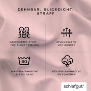 Hoeslaken van gebreide stof met een T-shirtgevoel, ademend en stevig, machinewasbaar tot 60 graden, samengesteld uit 95% biologisch katoen en 5% elastaan. Beeld: close-up van de materiaalstructuur.