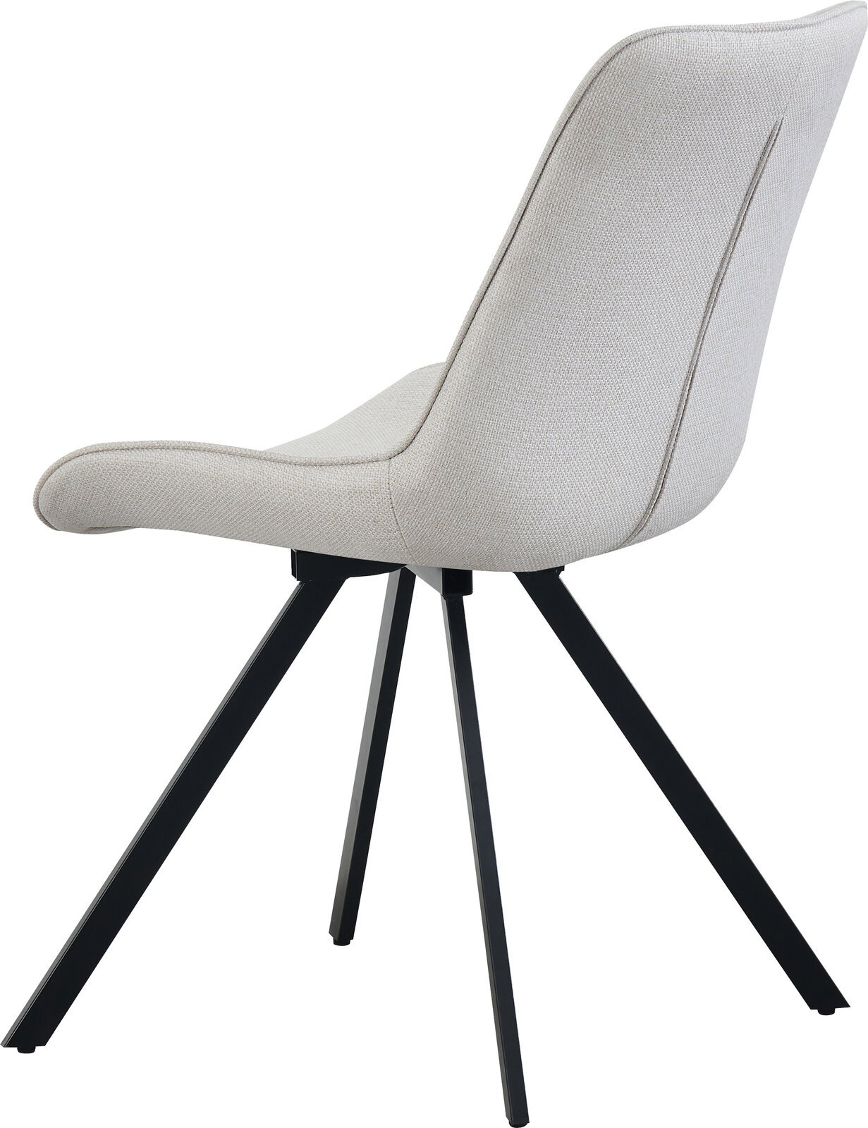 Moderner Polsterstuhl in hellgrauem Stoff mit schwarzem Metallgestell, Seitenansicht von links auf weißem Hintergrund