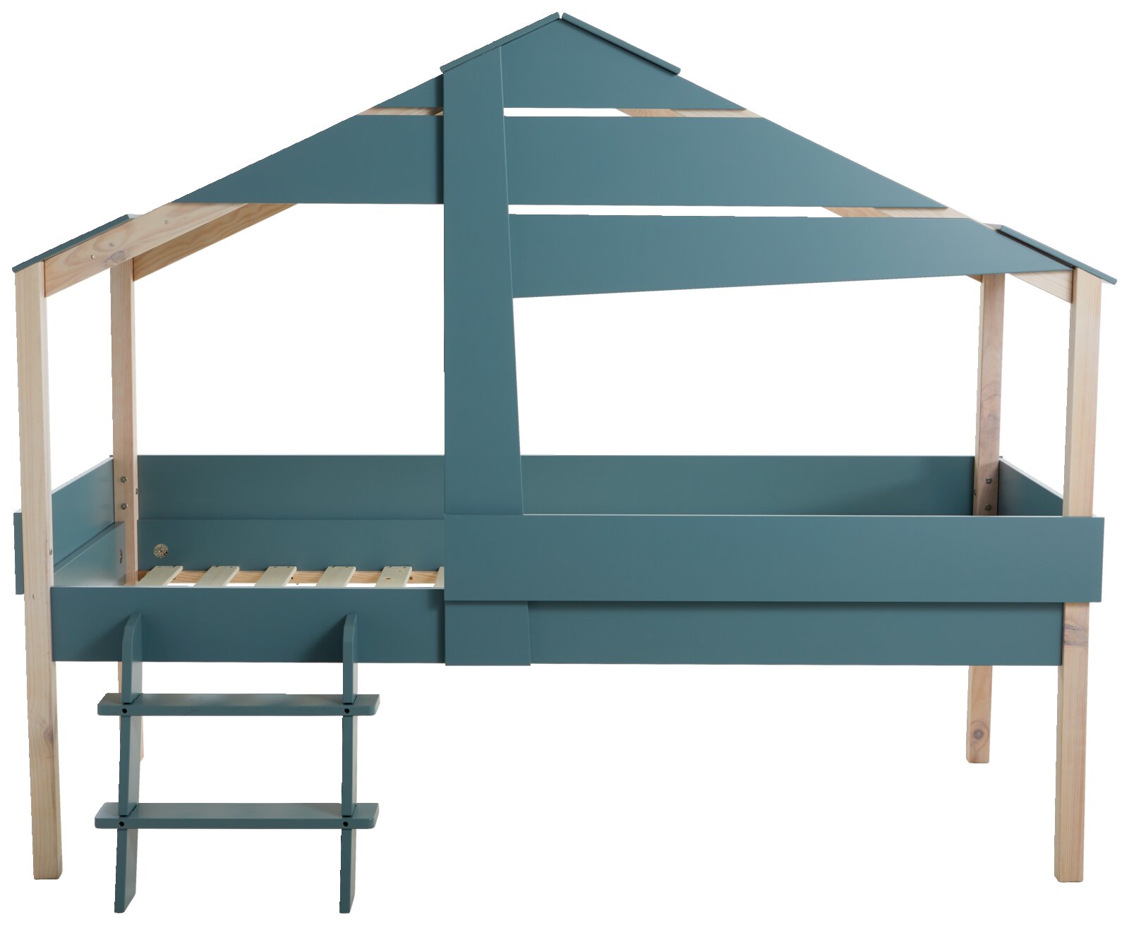 XORA Hausbett FOREST Hausbett aus Holz mit Dachkonstruktion und Leiter, seitliche Perspektive