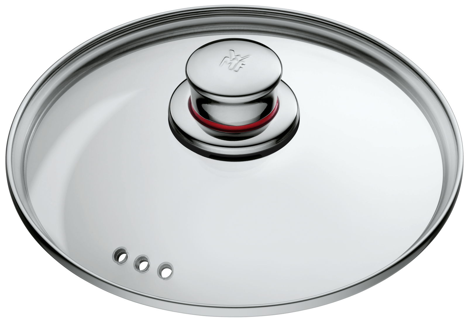 Topfdeckel aus Edelstahl mit Dampföffnung und rotem Dichtungsring, Draufsicht