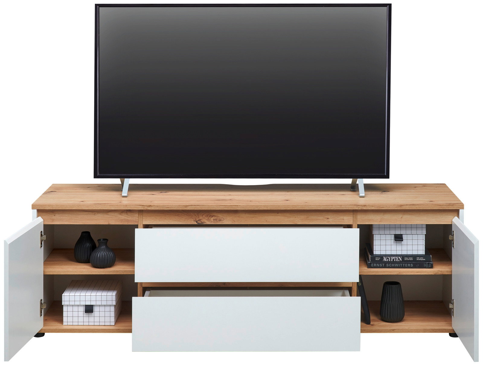 TV-Lowboard aus Holz mit weißem Finish, zwei offenen Schubladen und zwei seitlichen Schränken, frontal betrachtet.