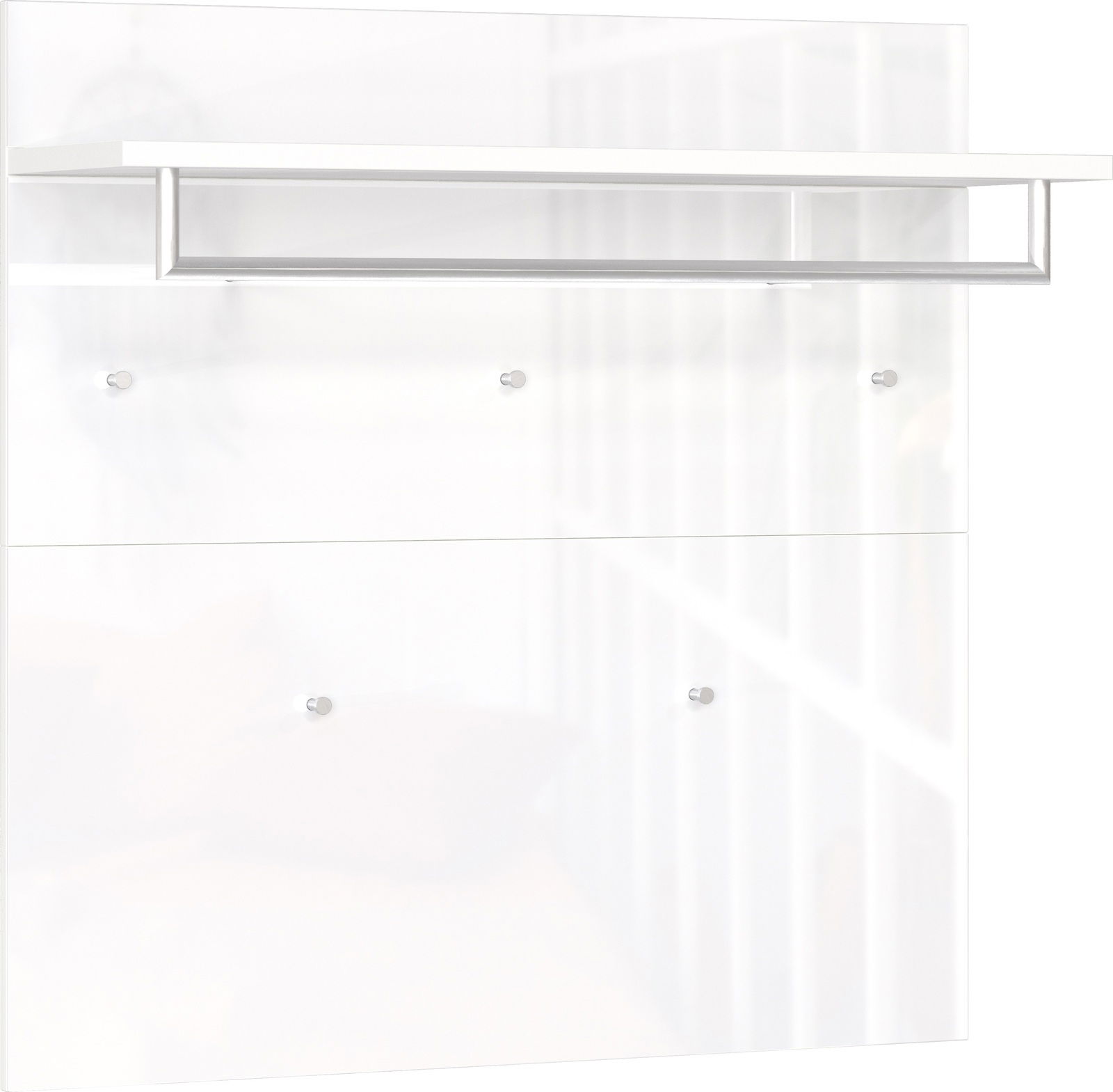 Modernes Garderobenpaneel in Weiß mit Haken und Ablage, seitliche Perspektive