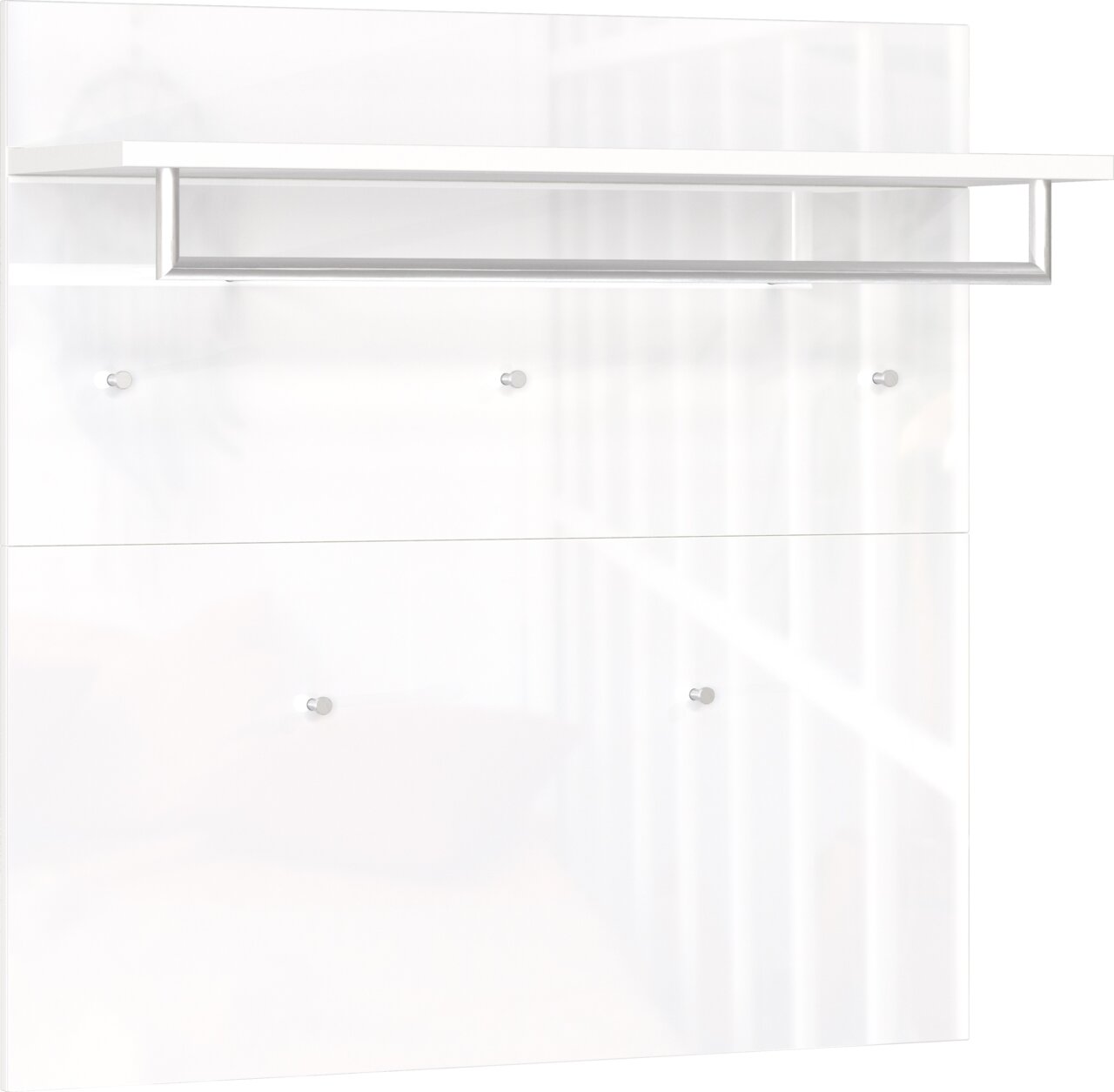 Modernes Garderobenpaneel in Weiß mit Haken und Ablage, seitliche Perspektive