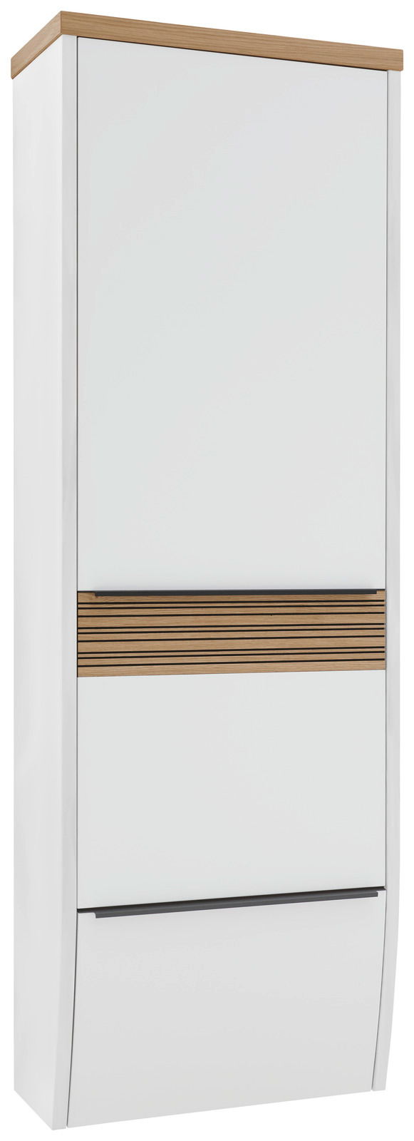 Moderner Hängegarderobenschrank in Weiß mit Holzdetails, Frontalansicht