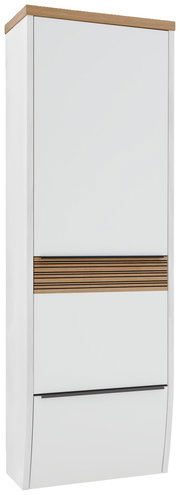 Moderner Hängegarderobenschrank in Weiß mit Holzdetails, Frontalansicht