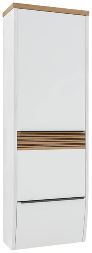 Moderner Hängegarderobenschrank in Weiß mit Holzdetails, Frontalansicht