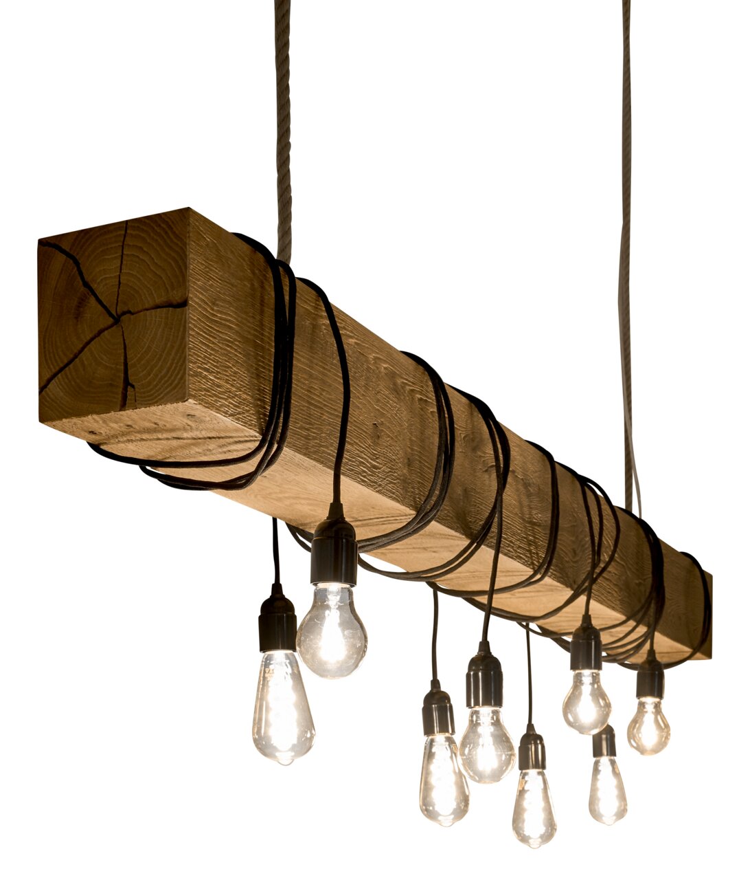 Rustikale Hängeleuchte aus Holz mit freiliegenden Glühbirnen, seitliche Perspektive