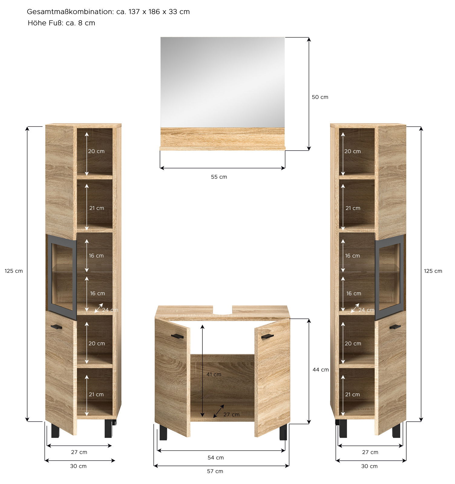 Badkombination aus Holz mit zwei hohen Schränken und einem Spiegel, frontal abgebildet. Die Schränke haben offene und geschlossene Fächer, der Spiegel ist rechteckig.