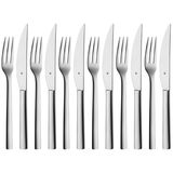 Steakbesteck-Set aus Edelstahl, bestehend aus sechs Messern und sechs Gabeln, frontal angeordnet.