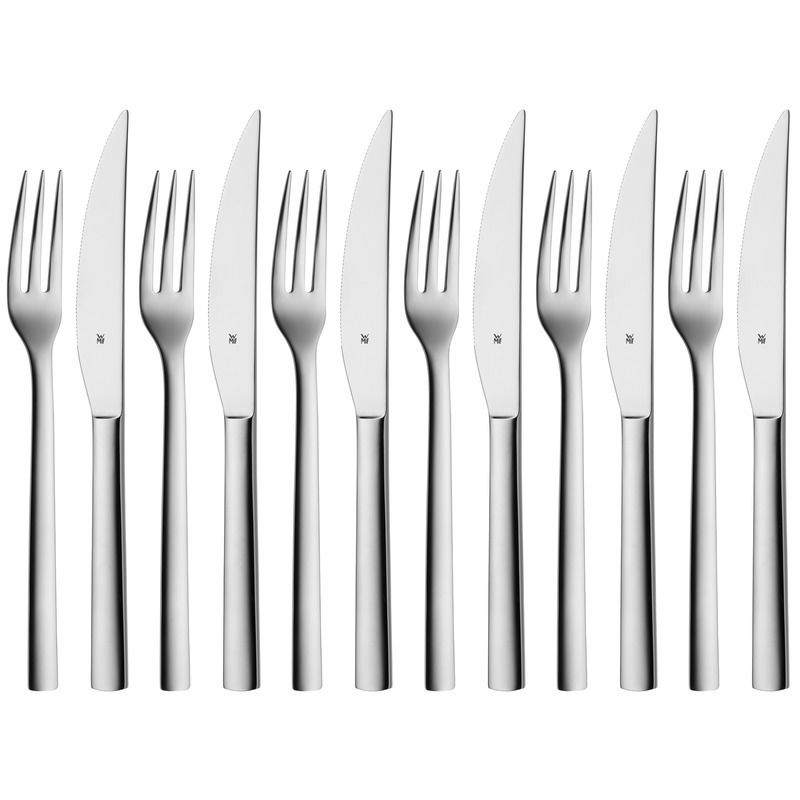 Steakbesteck-Set aus Edelstahl, bestehend aus sechs Messern und sechs Gabeln, frontal angeordnet.