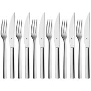 Steakbesteck-Set aus Edelstahl, bestehend aus sechs Messern und sechs Gabeln, frontal angeordnet.