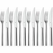 Steakbesteck-Set aus Edelstahl, bestehend aus sechs Messern und sechs Gabeln, frontal angeordnet.