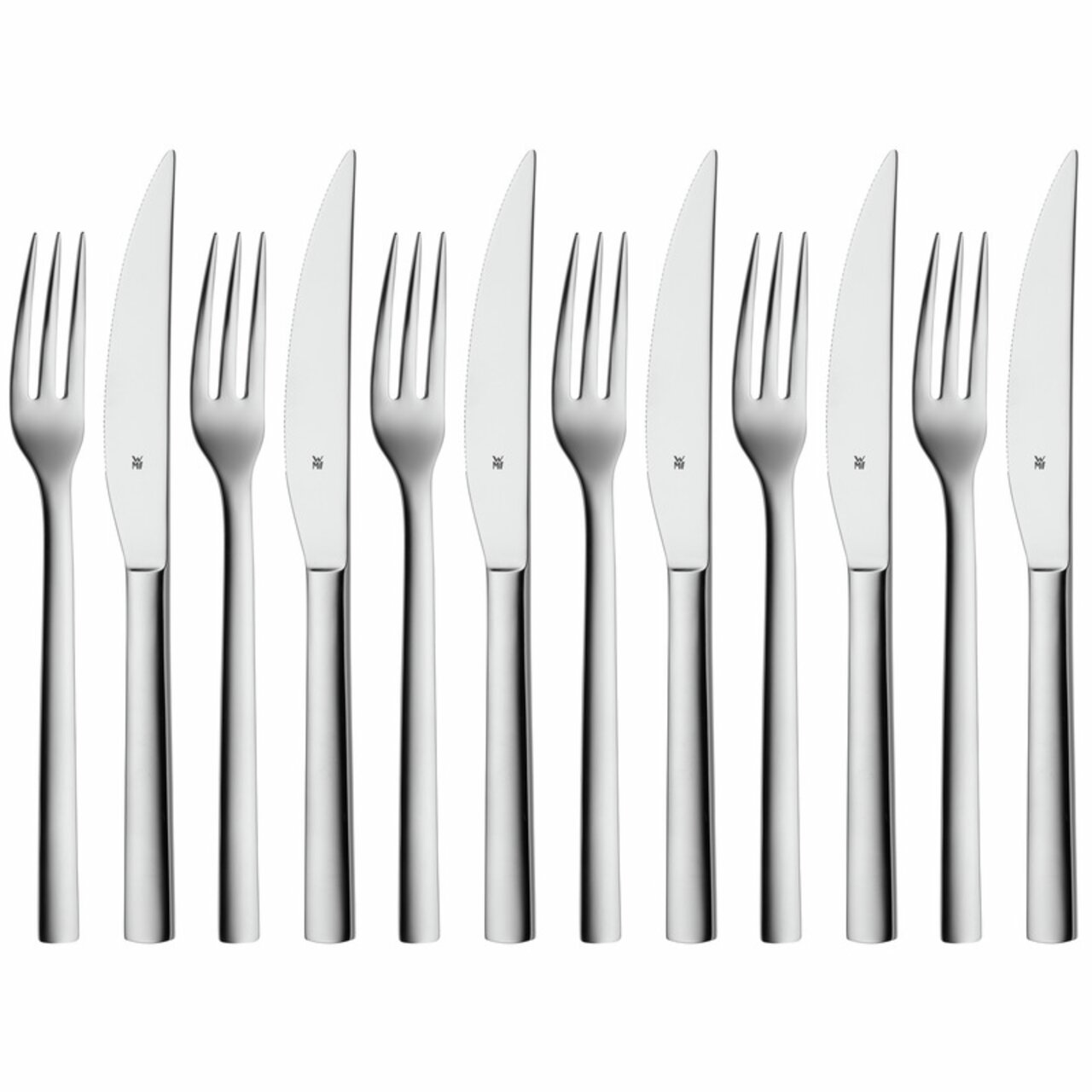 WMF Steakbesteck NUOVA Steakbesteck-Set aus Edelstahl, bestehend aus sechs Messern und sechs Gabeln, frontal angeordnet.
