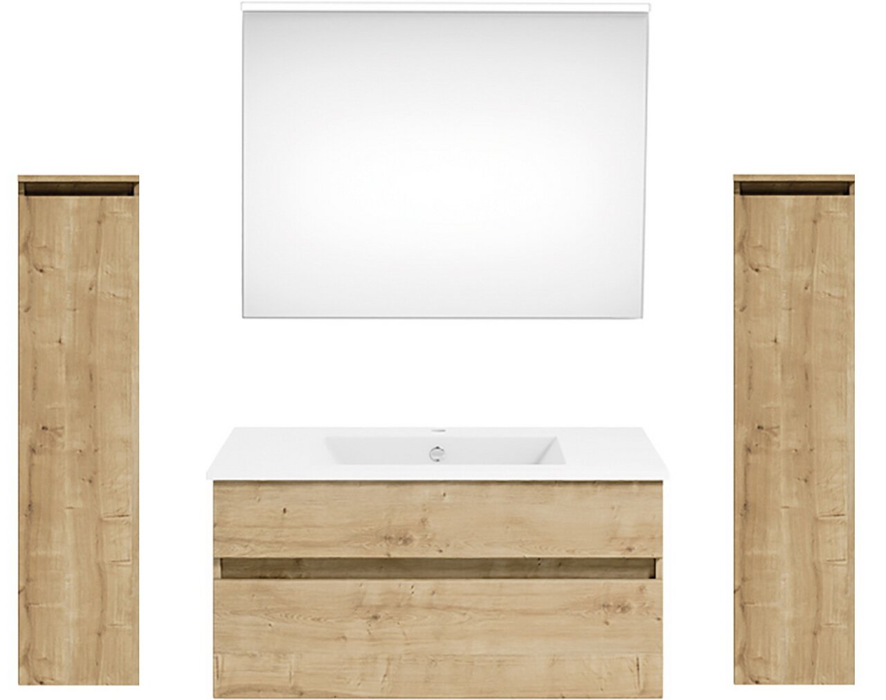 Puris Badkombination GET2YOU 21 Frontale Ansicht einer Badkombination mit zwei hohen Holzschränken, einem Waschbeckenunterschrank und einem großen Spiegel.