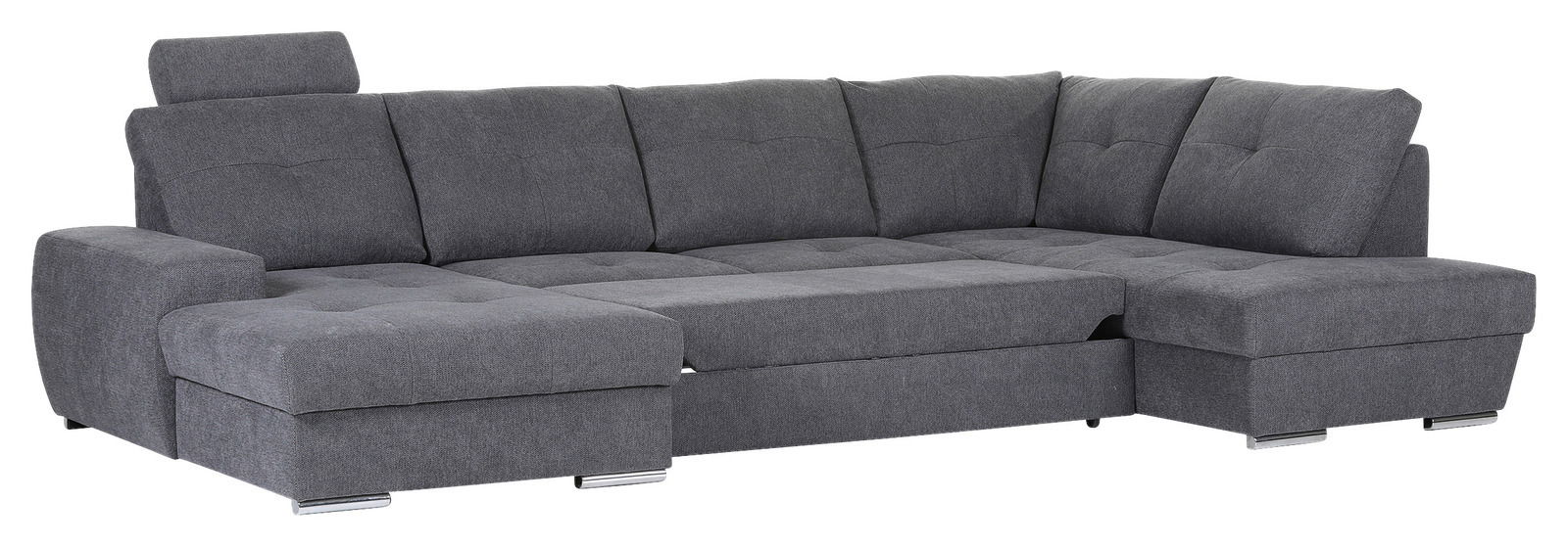 Graues Ecksofa mit Ottomane links, moderne Polsterung und verstellbarer Kopfstütze, Perspektive von vorne links.