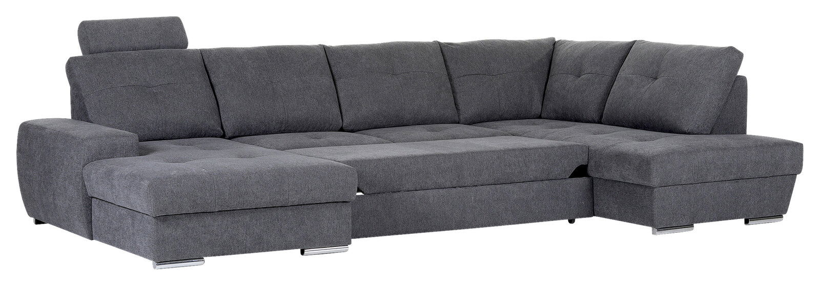 Graues Ecksofa mit Ottomane links, moderne Polsterung und verstellbarer Kopfstütze, Perspektive von vorne links.