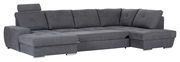 Graues Ecksofa mit Ottomane links, moderne Polsterung und verstellbarer Kopfstütze, Perspektive von vorne links.