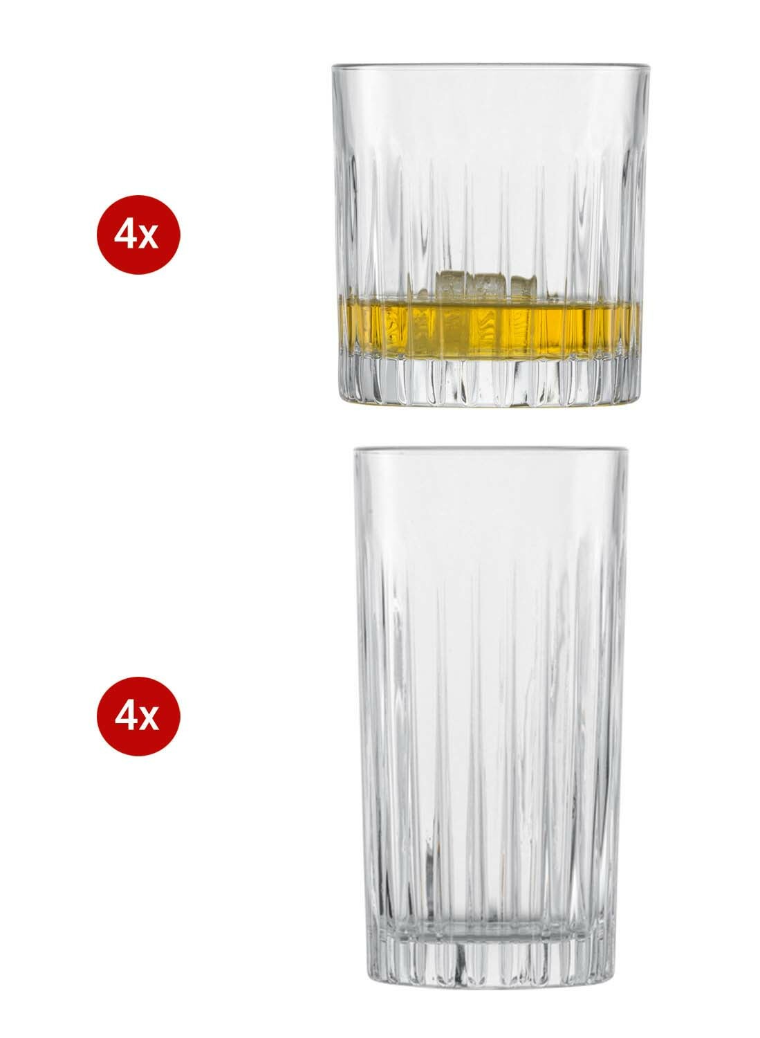 Zweiteiliges Gläserset mit vier niedrigen und vier hohen Gläsern, seitliche Ansicht