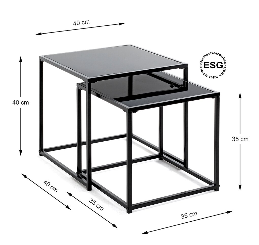 Zweiteiliges schwarzes Satztisch-Set aus Metall mit ESG-Sicherheitsglasplatten (40×40×40 cm und 35×35×35 cm), schräg von vorne fotografiert, mit eingezeichneten Maßen