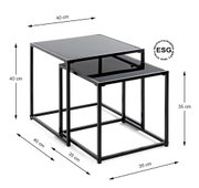 Zweiteiliges schwarzes Satztisch-Set aus Metall mit ESG-Sicherheitsglasplatten (40×40×40 cm und 35×35×35 cm), schräg von vorne fotografiert, mit eingezeichneten Maßen